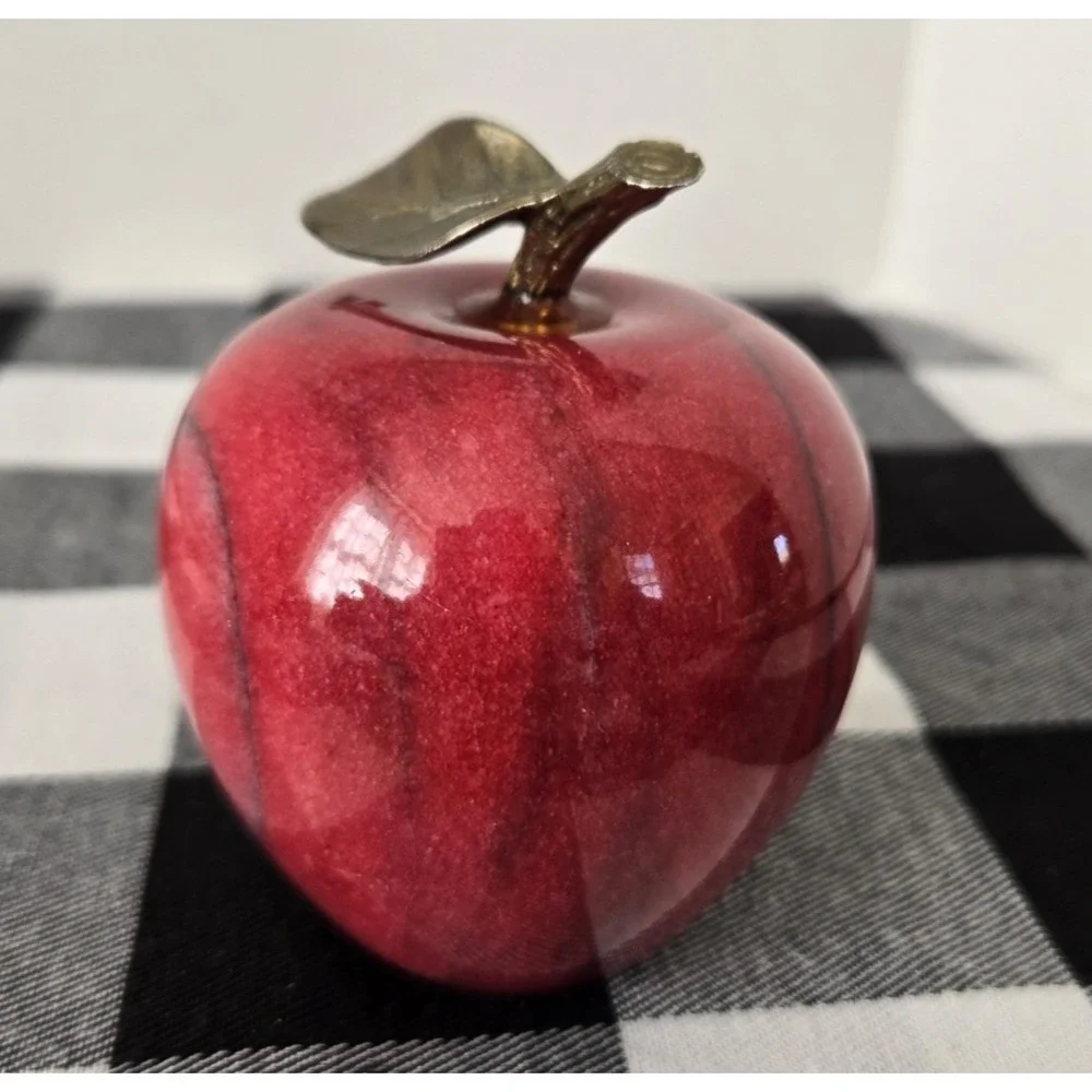 Stone Marble Red Apple Paperweight with Brass Stem Polished Teacher Farmer